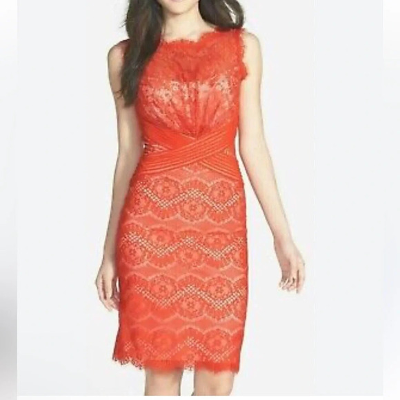 Tadashi Shoji Sheer Illusion Chantilly Lace Paprika Red Sheath Dress 8 Holiday